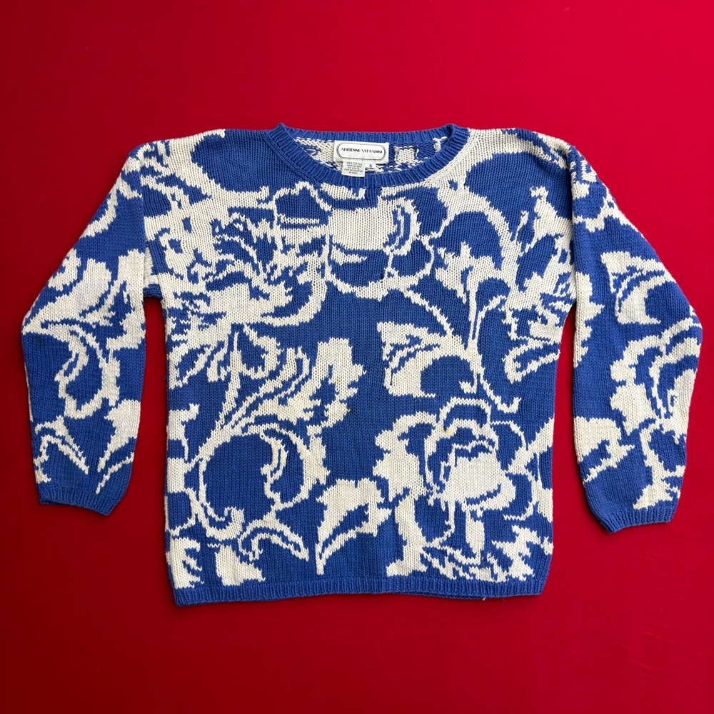 Adrienne Vittadini Vintage Blue White Floral Cotton Knit Sweater Crewneck Small